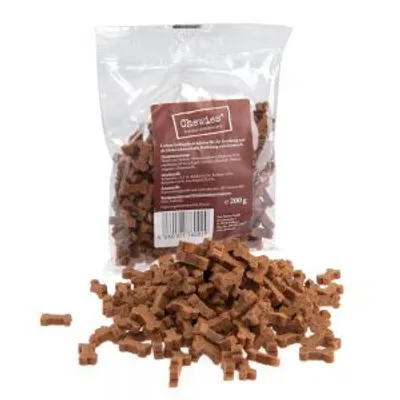 Sacchetto trasparente da 200 g di snack a forma di osso, etichetta marrone con testo Cheries visibile e codice a barre. Snack sparsi davanti alla confezione.