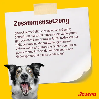 Zusammensetzung: Geflügelprotein, Reis, Gerste, Kartoffel, Rübenfaser, Lammprotein 4%, Chicorée-Wurzel, Grünlippmuschel. Josera-Logo unten rechts.