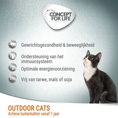 Concept for Life Outdoor Cats, actieve buitenkatten vanaf 1 jaar. Gewrichtsgezondheid & beweeglijkheid, ondersteuning immuunsysteem, optimale energievoorziening, vrij van tarwe, maïs of soja.