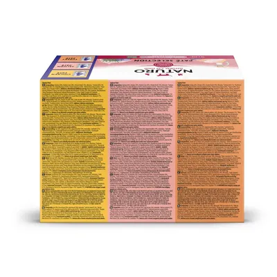 Product packaging showing detailed ingredient lists and feeding information in multiple languages for different food varieties.