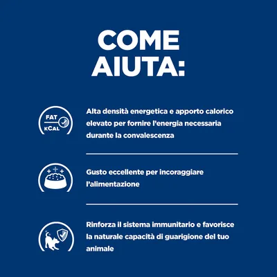 COME AIUTA: alta densità energetica e apporto calorico elevato, gusto eccellente, rinforza il sistema immunitario e favorisce la guarigione dell’animale.