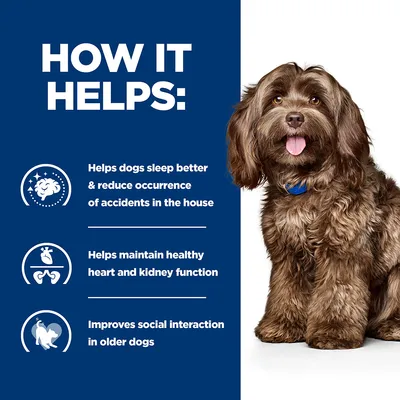 Tekst na engleskom: How it helps: Helps dogs sleep better & reduce occurrence of accidents in the house; Helps maintain healthy heart and kidney function; Improves social interaction in older dogs.