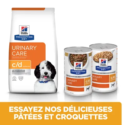 Hill's Prescription Diet Urinary Care c/d multicare pour chien, croquettes et pâtées en boîte. Texte visible : Essayez nos délicieuses pâtées et croquettes.
