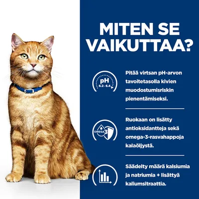 Teksti: Miten se vaikuttaa? Pitää virtsan pH-arvon 6,2–6,4 tasolla. Lisätty antioksidantteja ja omega-3-rasvahappoja kalaöljystä. Säädelty kalsiumin ja natriumin määrä, lisätty kaliumsitraattia.