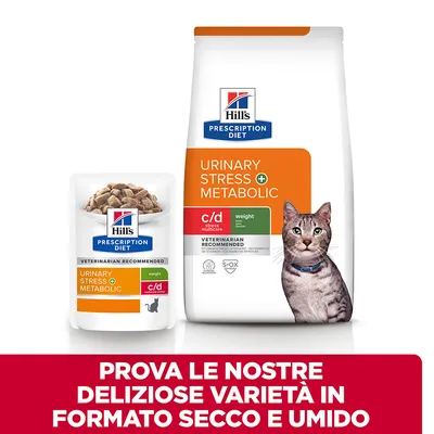 Hill's Prescription Diet Urinary Stress + Metabolic c/d per gatti, confezioni secco e umido visibili. Testo: Prova le nostre deliziose varietà in formato secco e umido.