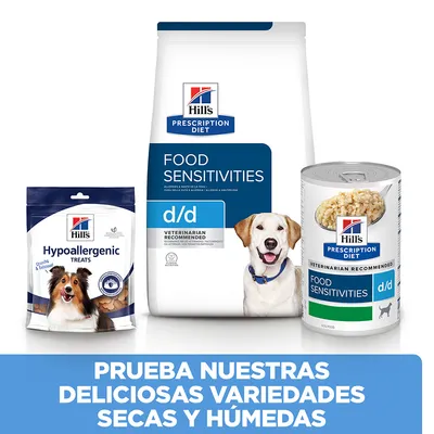 Hill's Prescription Diet Food Sensitivities d/d pienso y lata, Hill's Hypoallergenic Treats. Texto: Prueba nuestras deliciosas variedades secas y húmedas.