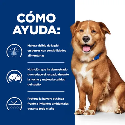 CÓMO AYUDA: Mejora visible de la piel en perros con sensibilidades alimentarias. Nutrición que reduce el rascado nocturno y mejora el sueño. Protege la barrera cutánea todo el año.