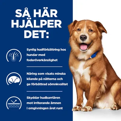 Så här hjälper det: Synlig hudförbättring hos hundar med foderöverkänslighet, minskat kliande nattetid och förbättrad sömnkvalitet, skyddar hudbarriären året runt.