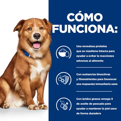 Texto: Cómo funciona. 1. Una novedosa proteína que se mantiene intacta para ayudar a evitar las reacciones adversas al alimento. 2. Con sustancias bioactivas y fitonutrientes para favorecer una respuesta inmunitaria sana. 3. Con ácidos grasos omega-3 de aceite de pescado para ayudar a mantener la piel sana de forma duradera.