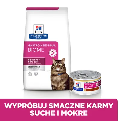 Hill's Prescription Diet Gastrointestinal Biome dla kotów, opakowanie suchej karmy i puszka mokrej. Napis: Wypróbuj smaczne karmy suche i mokre.