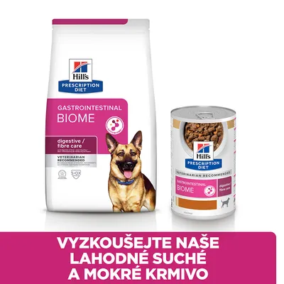 Hill's Prescription Diet Gastrointestinal Biome suché a mokré krmivo pre psov, nápis: Vyskúšajte naše lahodné suché a mokré krmivo. Text na obale v angličtine.