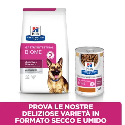 Hill's Prescription Diet Gastrointestinal Biome per cani, confezione secca e umida. Testo: Prova le nostre deliziose varietà in formato secco e umido.