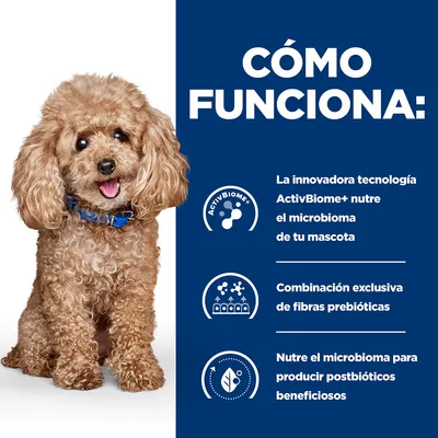 Text în limba spaniolă: Cómo funciona. La innovadora tecnología ActivBiome+ nutre el microbioma de tu mascota. Combinación exclusiva de fibras prebióticas. Nutre el microbioma para producir postbióticos beneficiosos.