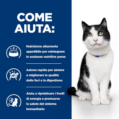 COME AIUTA: Nutrizione altamente appetibile per reintegrare le sostanze nutritive perse. Azione rapida per migliorare qualità delle feci e digestione. Ripristina energia e salute immunitaria. COME AIUTA: Nutrizione altamente appetibile per reintegrare le sostanze nutritive perse. Azione rapida per migliorare qualità delle feci e digestione. Ripristina energia e salute immunitaria.