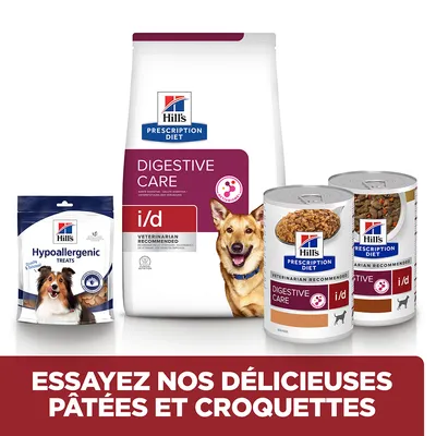 Hill's Prescription Diet Digestive Care i/d croquettes et pâtées pour chien, sachet Hypoallergenic Treats. Texte : Essayez nos délicieuses pâtées et croquettes.