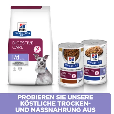 Hill's Prescription Diet Digestive Care i/d low fat сухой и влажный корм для собак. Видны упаковка и две консервные банки с изображением собаки. Текст на немецком языке внизу.