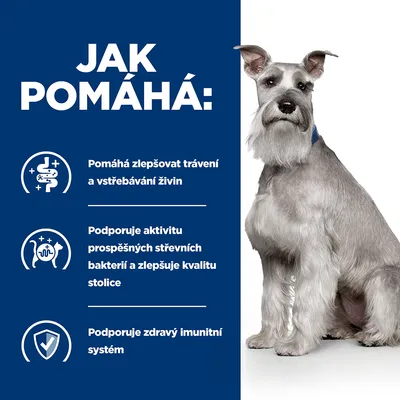 Text v češtine: Jak pomáhá: Pomáhá zlepšovat trávení a vstřebávání živin, podporuje aktivitu prospěšných střevních bakterií a kvalitu stolice, podporuje zdravý imunitní systém.