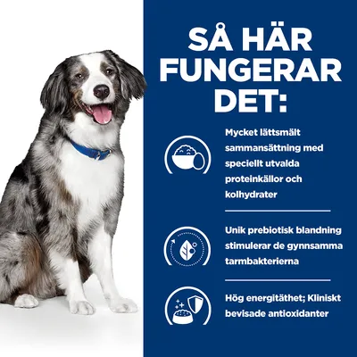Så här fungerar det: Mycket lättsmält sammansättning med speciellt utvalda proteinkällor och kolhydrater. Unik prebiotisk blandning stimulerar tarmbakterierna. Hög energitäthet; kliniskt bevisade antioxidanter.