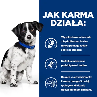Jak karma działa: Wysokostrawna formuła z hydrolizatem białka mleka pomaga radzić sobie ze stresem, unikalna mieszanka prebiotyków i imbiru, bogata w antyoksydanty i kwasy omega-3 z oleju rybiego.