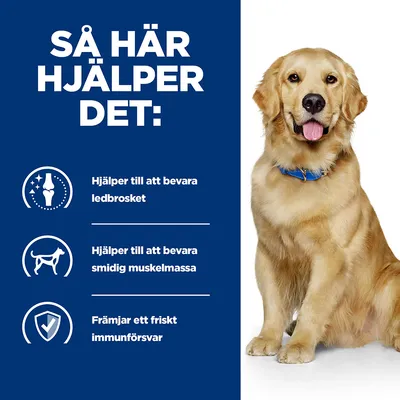 Så här hjälper det: Hjälper till att bevara ledbrosket, Hjälper till att bevara smidig muskelmassa, Främjar ett friskt immunförsvar. Hund bredvid texten.