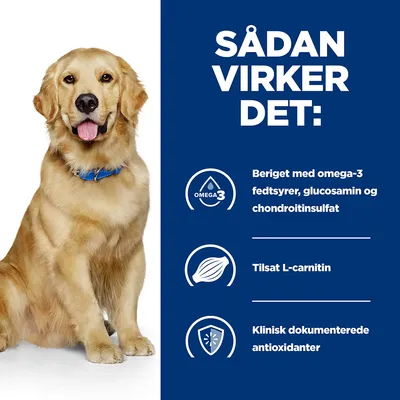 SÅDAN VIRKER DET: Beriget med omega-3 fedtsyrer, glucosamin og chondroitinsulfat. Til­sat L-carnitin. Klinisk dokumenterede antioxidanter. Hund med blå halsbånd ved siden af tekst.