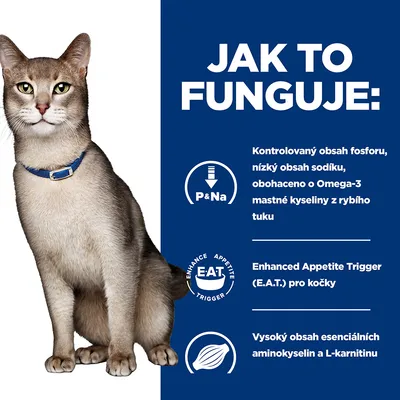 Jak to funguje: kontrolovaný obsah fosforu, nízký sodík, Omega-3 z rybího tuku, Enhanced Appetite Trigger (E.A.T.) pro kočky, vysoký obsah esenciálních aminokyselin a L-karnitinu.