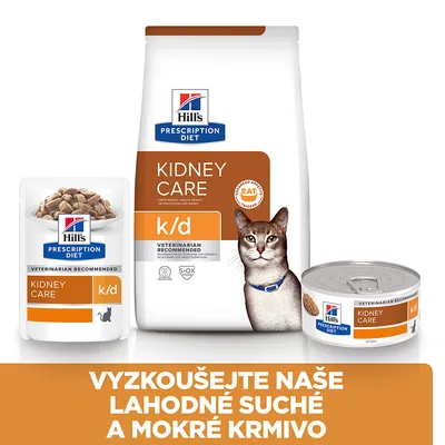 Hill's Prescription Diet Kidney Care k/d pro kočky, balení suchého a mokrého krmiva. Text: VYZKOUŠEJTE NAŠE LAHODNÉ SUCHÉ A MOKRÉ KRMIVO.