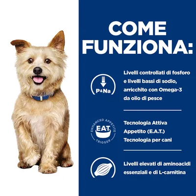 COME FUNZIONA: Livelli controllati di fosforo e bassi di sodio, arricchito con Omega-3 da olio di pesce. Tecnologia Attiva Appetito (E.A.T.) per cani. Alti aminoacidi essenziali e L-carnitina.