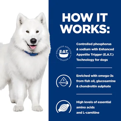 How it works: Controlled phosphorus and sodium with Enhanced Appetite Trigger Technology for dogs, enriched with omega-3s, glucosamine, chondroitin sulphate, amino acids and L-carnitine.