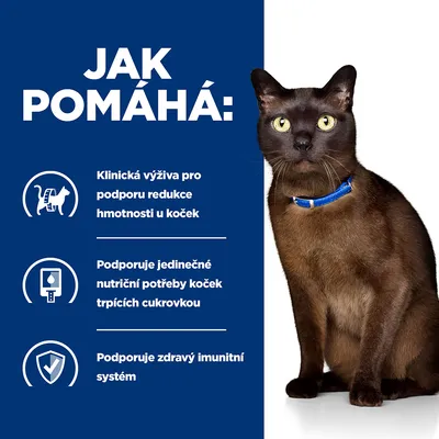 Text v češtine: Jak pomáhá: Klinická výživa pro podporu redukce hmotnosti u koček, Podporuje jedinečné nutriční potřeby koček trpících cukrovkou, Podporuje zdravý imunitní systém.