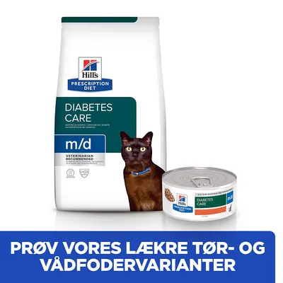 Hill's Prescription Diet Diabetes Care m/d tørfoder og vådfoder til kat. Tekst: PRØV VORES LÆKRE TØR- OG VÅDFODERVARIANTER.