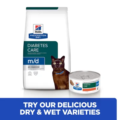 Hill's Prescription Diet Diabetes Care m/d száraz és nedves macskaeledel csomagolás, fekete macskával. Felirat: TRY OUR DELICIOUS DRY & WET VARIETIES.