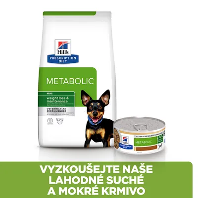 Hill's Prescription Diet Metabolic MINI weight loss & maintenance, suché a mokré krmivo pro psy. Text: VYZKOUŠEJTE NAŠE LAHODNÉ SUCHÉ A MOKRÉ KRMIVO.