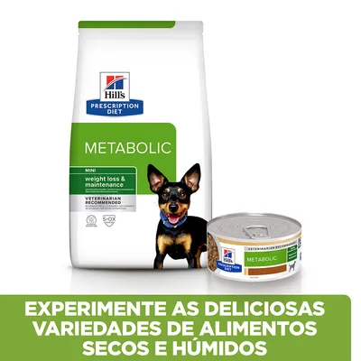 Hill's Prescription Diet Metabolic Mini weight loss & maintenance, embalagem de ração seca e lata de alimento húmido para cães. Texto: Experimente as deliciosas variedades de alimentos secos e húmidos.