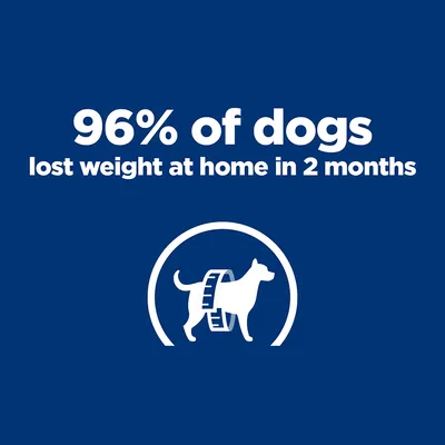 96% of dogs lost weight at home in 2 months, shown with a dog silhouette and measuring tape graphic.
