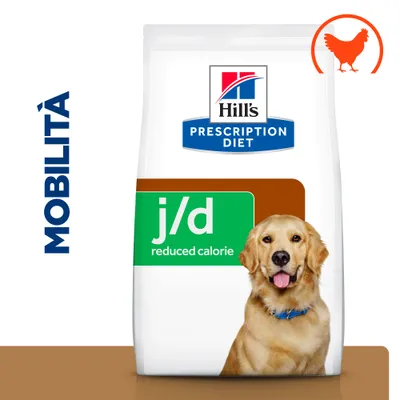 Hill's Prescription Diet j/d reduced calorie, confezione con scritta MOBILITÀ e simbolo pollo arancione in alto a destra.