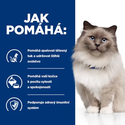 Jak pomáhá: Pomáhá spalovat tělesný tuk a udržovat štíhlé svalstvo. Pomáhá vaší kočce k pocitu sytosti a spokojenosti. Podporuje zdravý imunitní systém.