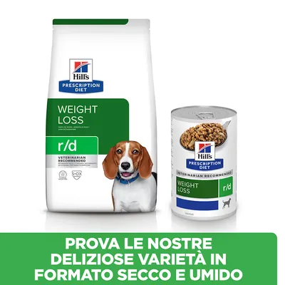 Hill's Prescription Diet Weight Loss r/d per cani, confezione di crocchette e lattina umido. Testo: Prova le nostre deliziose varietà in formato secco e umido.