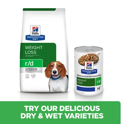 Hill's Prescription Diet Weight Loss r/d dry food bag and wet food can with text: Try our delicious dry and wet varieties.