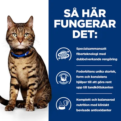 Så här fungerar det: Specialsammansatt fiberteknologi med dubbelverkande rengöring, foderbitens unika storlek och konsistens, komplett och balanserad nutrition med antioxidanter.