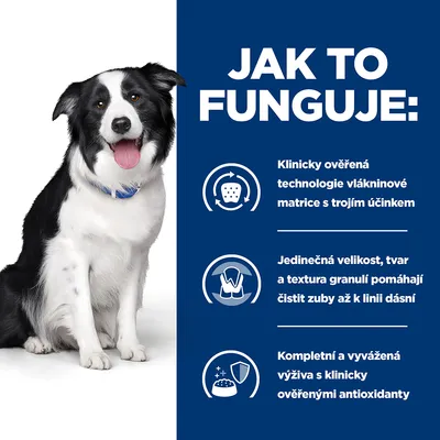 Text v češtine: Jak to funguje. Klinicky ověřená technologie vlákninové matrice s trojím účinkem. Jedinečná velikost, tvar a textura granulí pomáhají čistit zuby až k linii dásní. Kompletní a vyvážená výživa s klinicky ověřenými antioxidanty.