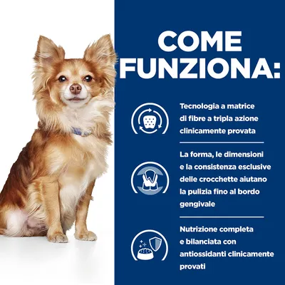 COME FUNZIONA: Tecnologia a matrice di fibre a tripla azione clinicamente provata. Forma, dimensioni e consistenza delle crocchette aiutano la pulizia gengivale. Nutrizione completa con antiossidanti.