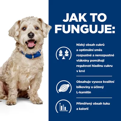 Jak to funguje: Nízký obsah cukrů a vlákniny pro regulaci cukru v krvi, kvalitní bílkoviny a L-karnitin, přiměřený obsah tuku a kalorií. Vedle sedící pes s modrým obojkem.
