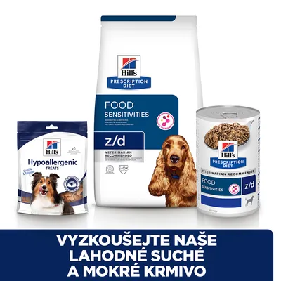 Hill's Prescription Diet Food Sensitivities z/d suché a mokré krmivo, Hypoallergenic Treats. Text: Vyzkoušejte naše lahodné suché a mokré krmivo.
