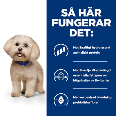 Så här fungerar det: Med kraftigt hydrolyserat animaliskt protein. Med fiskolja, ökad mängd essentiella fettsyror och höga halter av E-vitamin. Med en bevisad blandning prebiotiska fibrer.