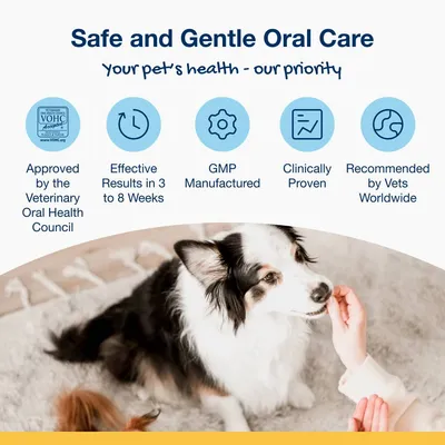 Safe and gentle oral care. Approved by the Veterinary Oral Health Council, effective results in 3 to 8 weeks, GMP manufactured, clinically proven, recommended by vets worldwide.