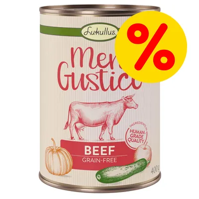 Lukullus Menu Gustico, lattina 400 g, manzo, grain-free, ingredienti human-grade quality, scritta BEEF, zucca e zucchina disegnate, simbolo percentuale giallo in alto a destra.