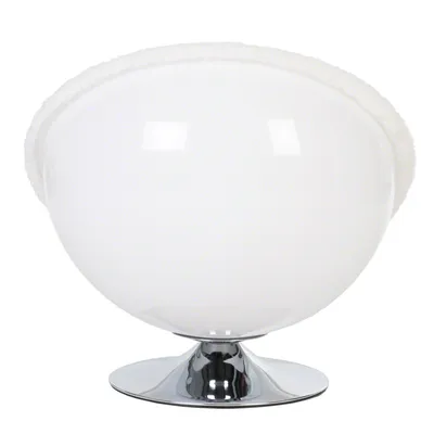 Spherical cat bed with white plush rim and chrome-plated base.