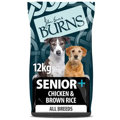 Burns Senior+ chicken and brown rice, 12kg bag for all breeds. Product packaging displays key details including flavour and suitability.