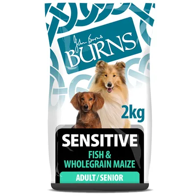 Burns SENSITIVE Fish & Wholegrain Maize hundefoder, 2 kg. Tekst: ADULT/SENIOR. Billede af to hunde på posen.
